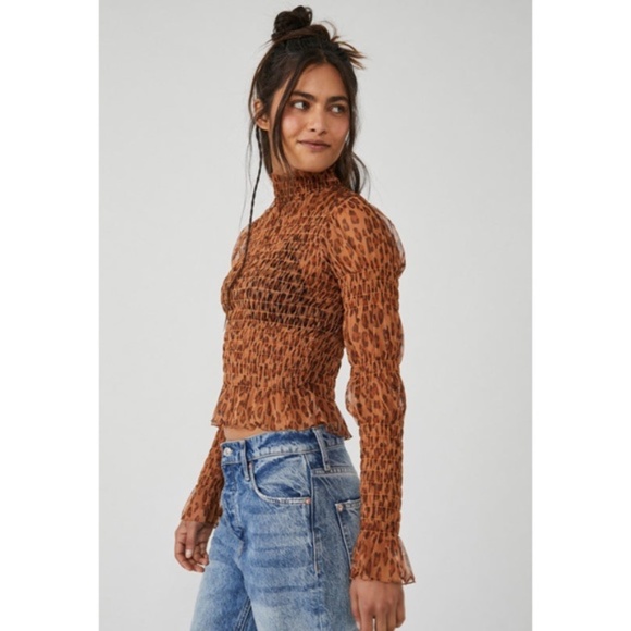 Free People Tops - NWT New Free People Hello There Smocked Mock Neck Sheer Top in Leopard Combo